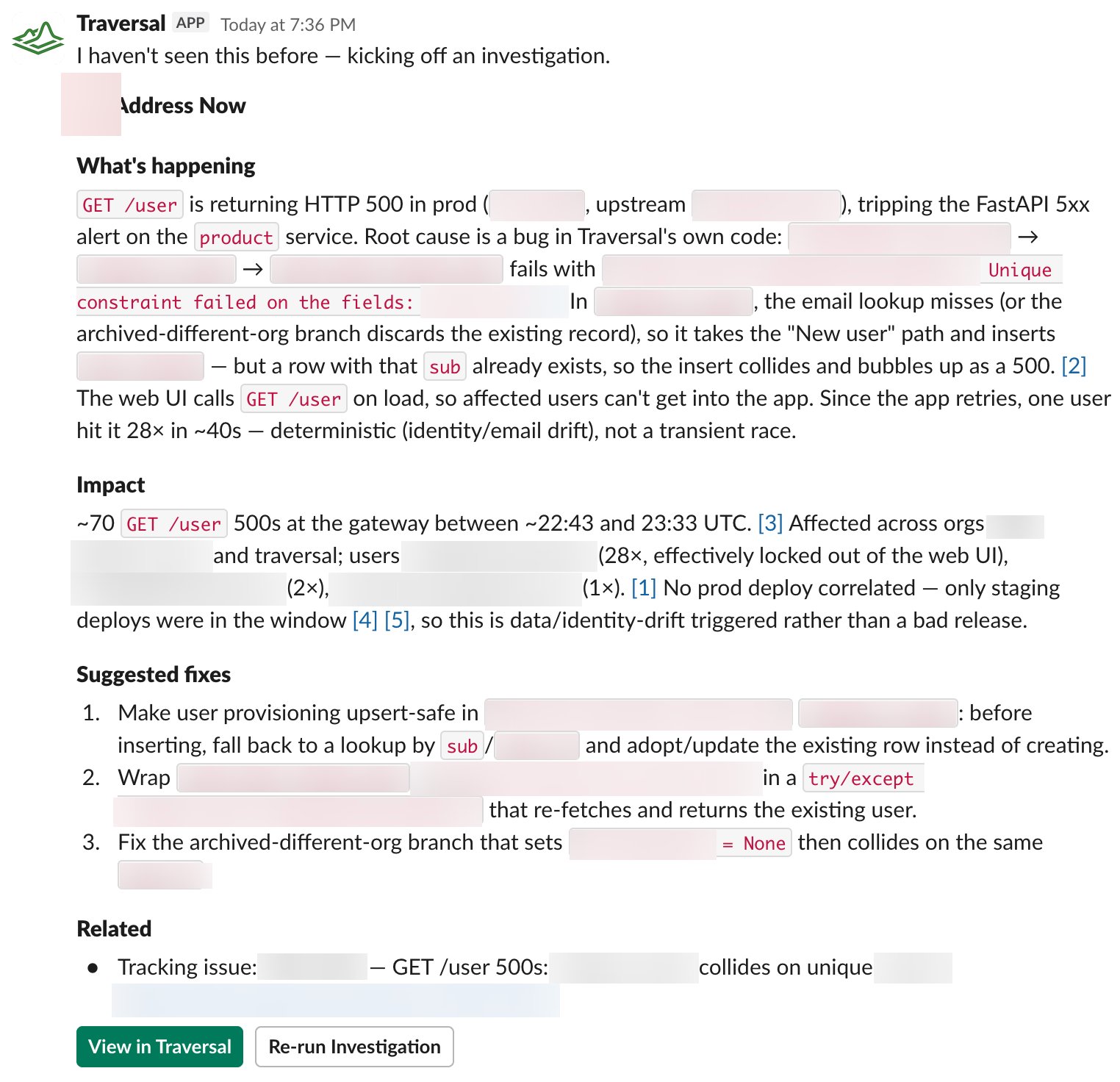 An alert assessment: verdict, what's happening, impact, and suggested fixes