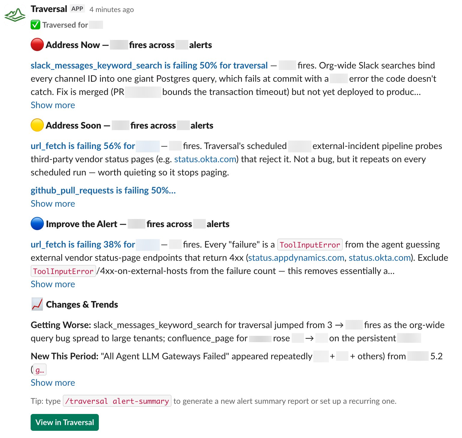The detailed alert summary breakdown with per-alert findings and trends