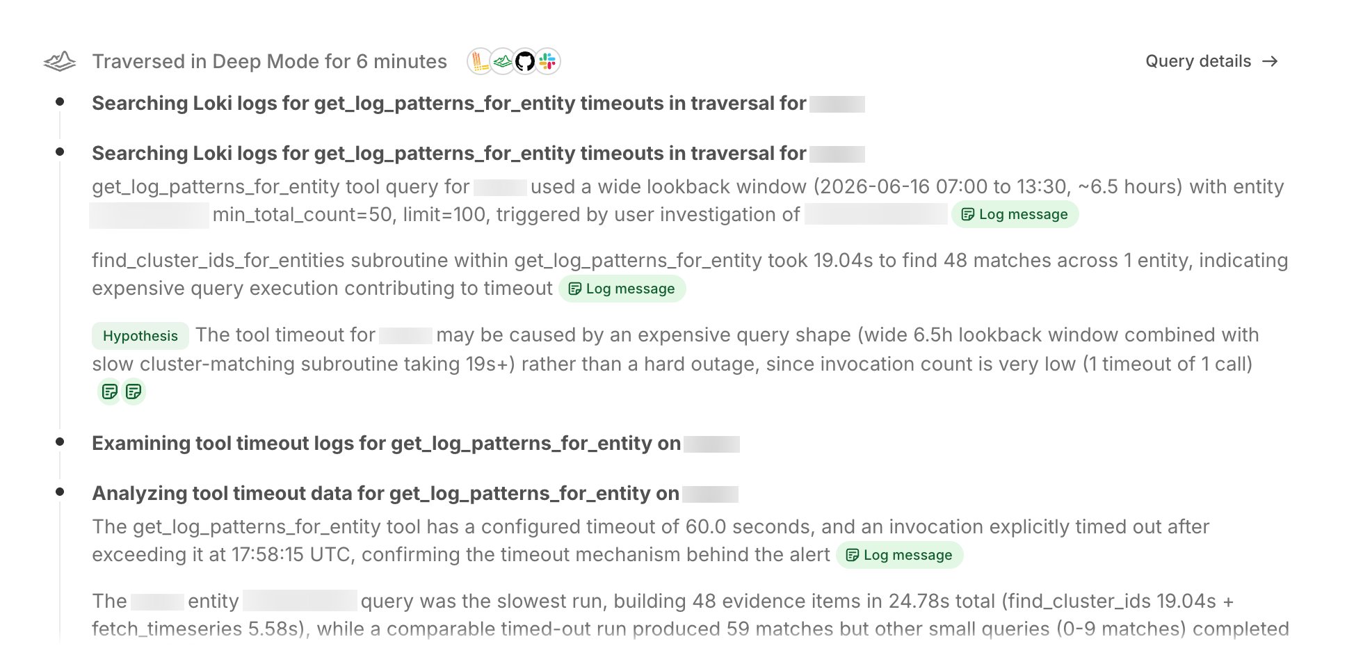 Traversal's chain-of-thought showing its reasoning steps during an investigation