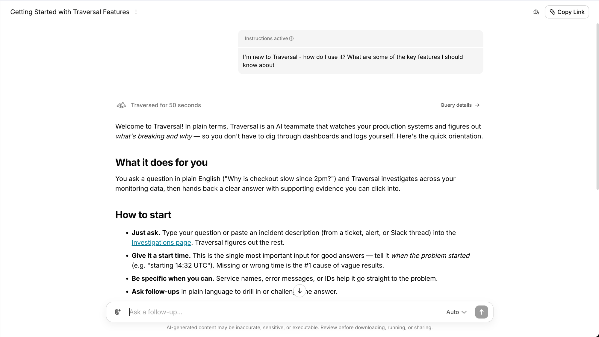 Traversal answering a new user's question about how to use it