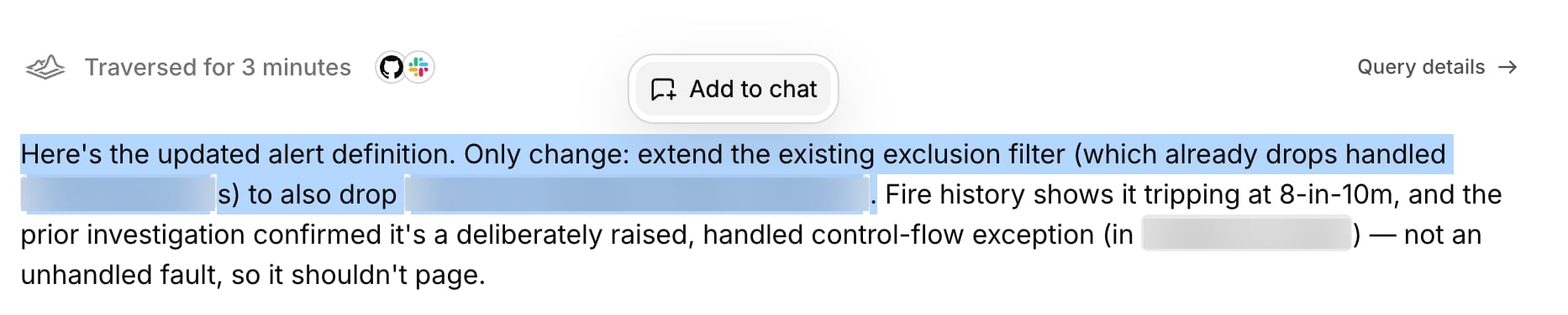 Selecting text in a response and clicking Add to chat
