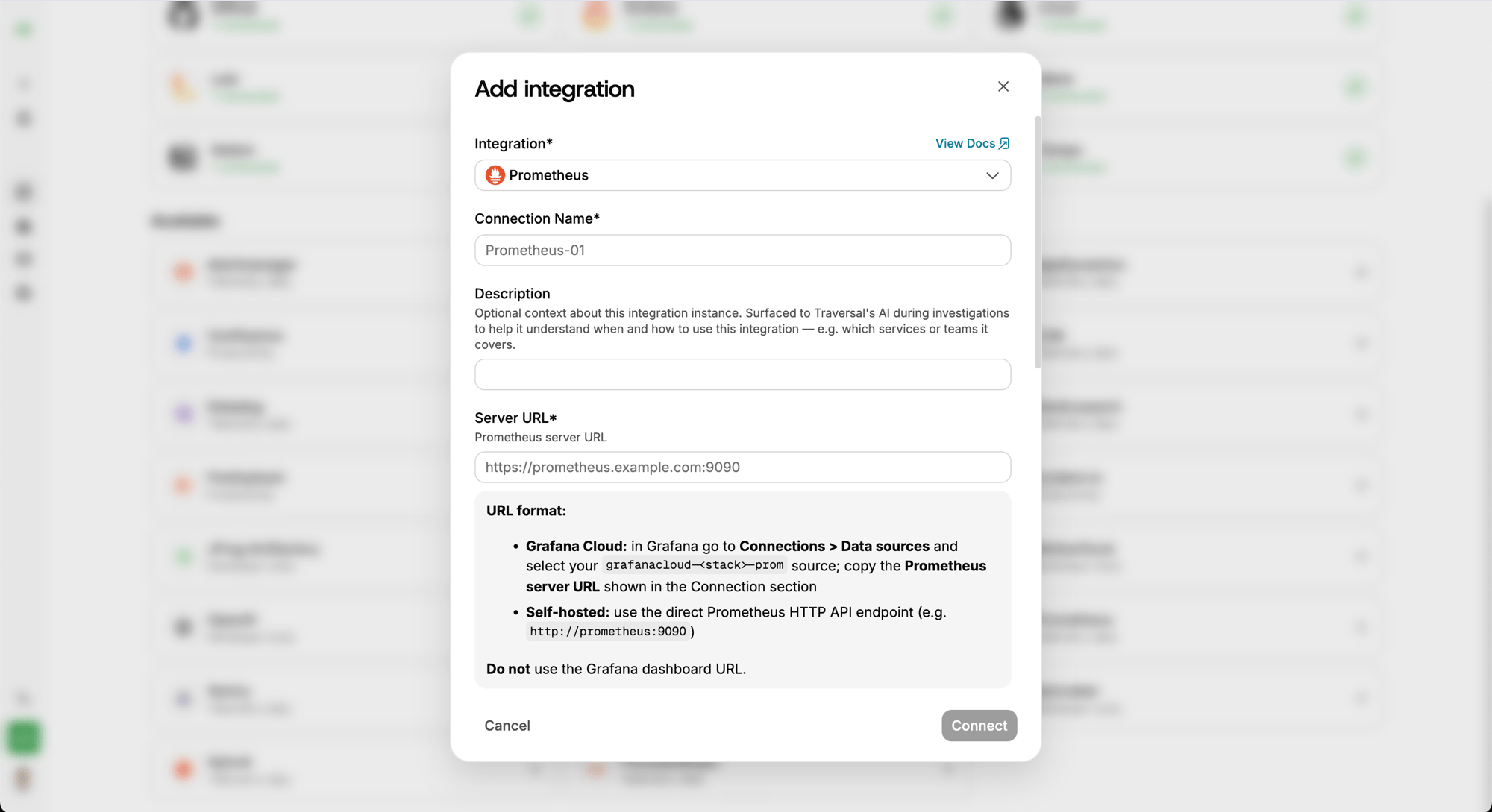 The add-integration dialog with connection details and setup guidance