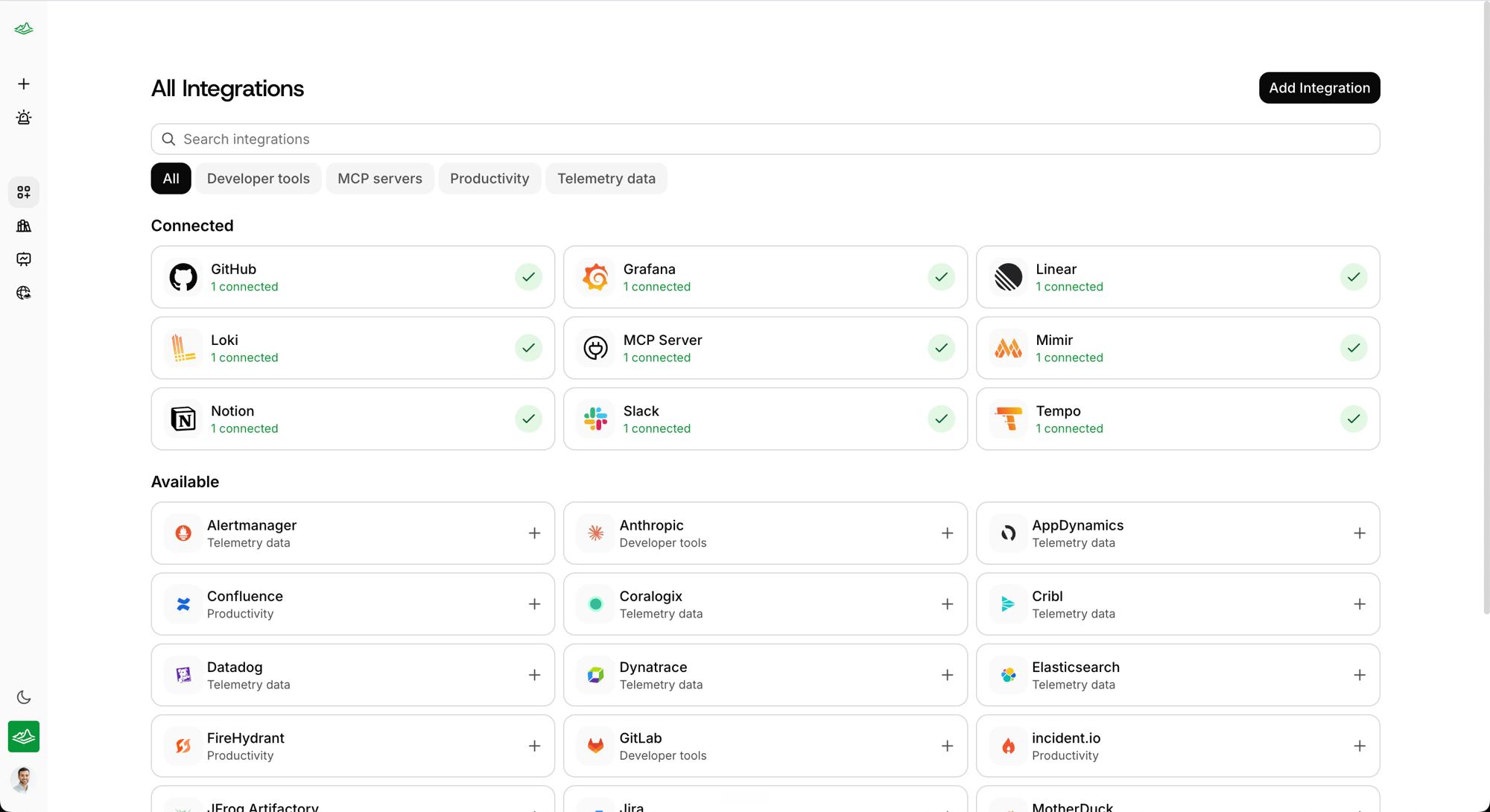 The Traversal integrations page showing connected and available integrations