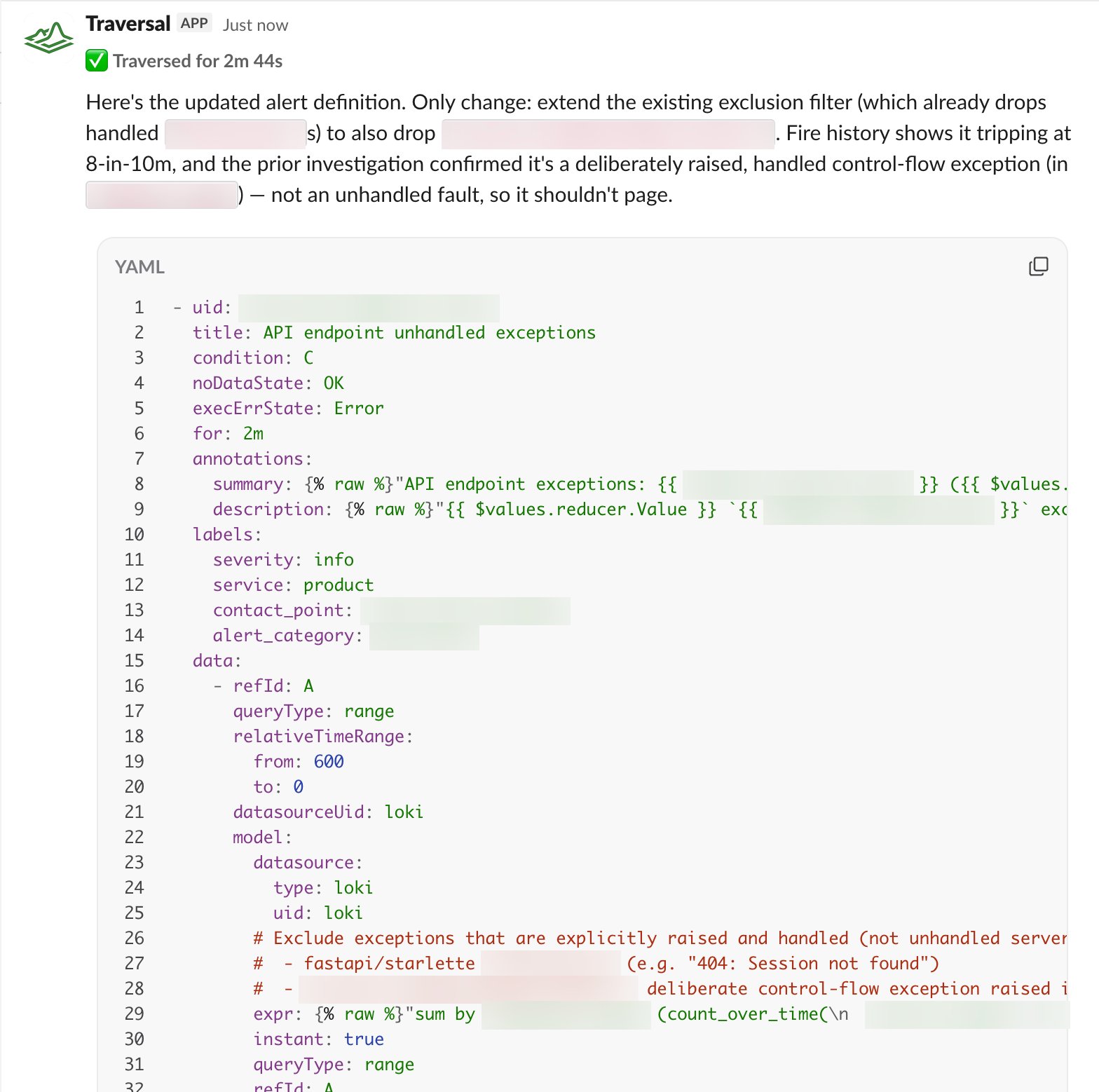 Traversal's drafted alert-definition update after clicking Tune Alert Definition