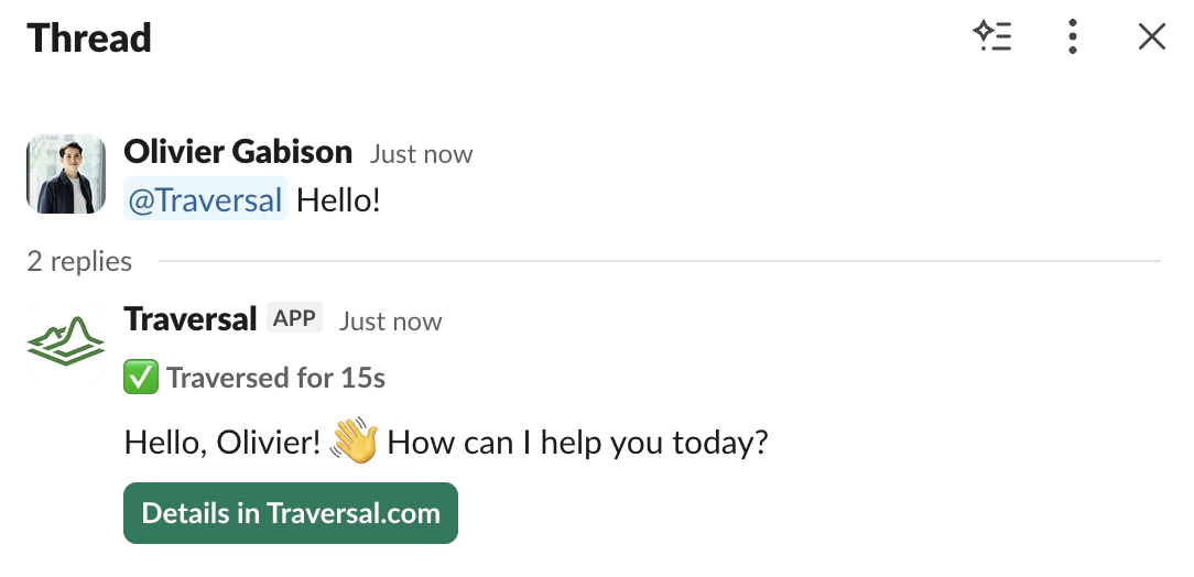 Traversal responding to a greeting in Slack