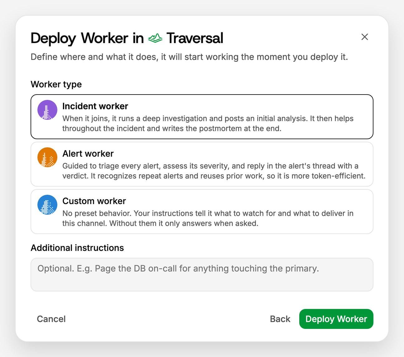 The Deploy Worker dialog: Incident, Alert, and Custom Worker options, each with a description of what that Worker does
