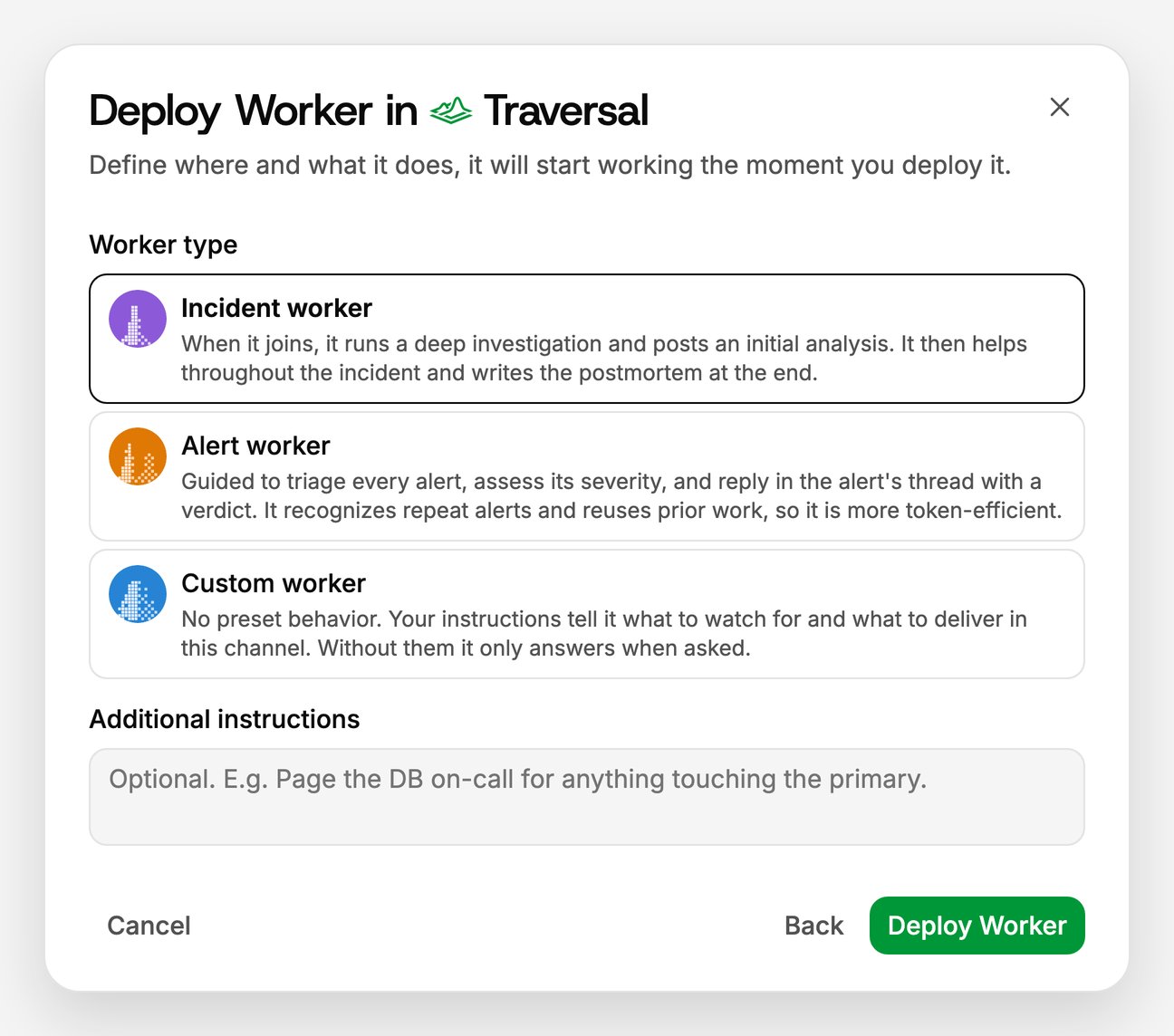 The Deploy Worker dialog: Incident, Alert, and Custom Worker options, each with a description of what that Worker does