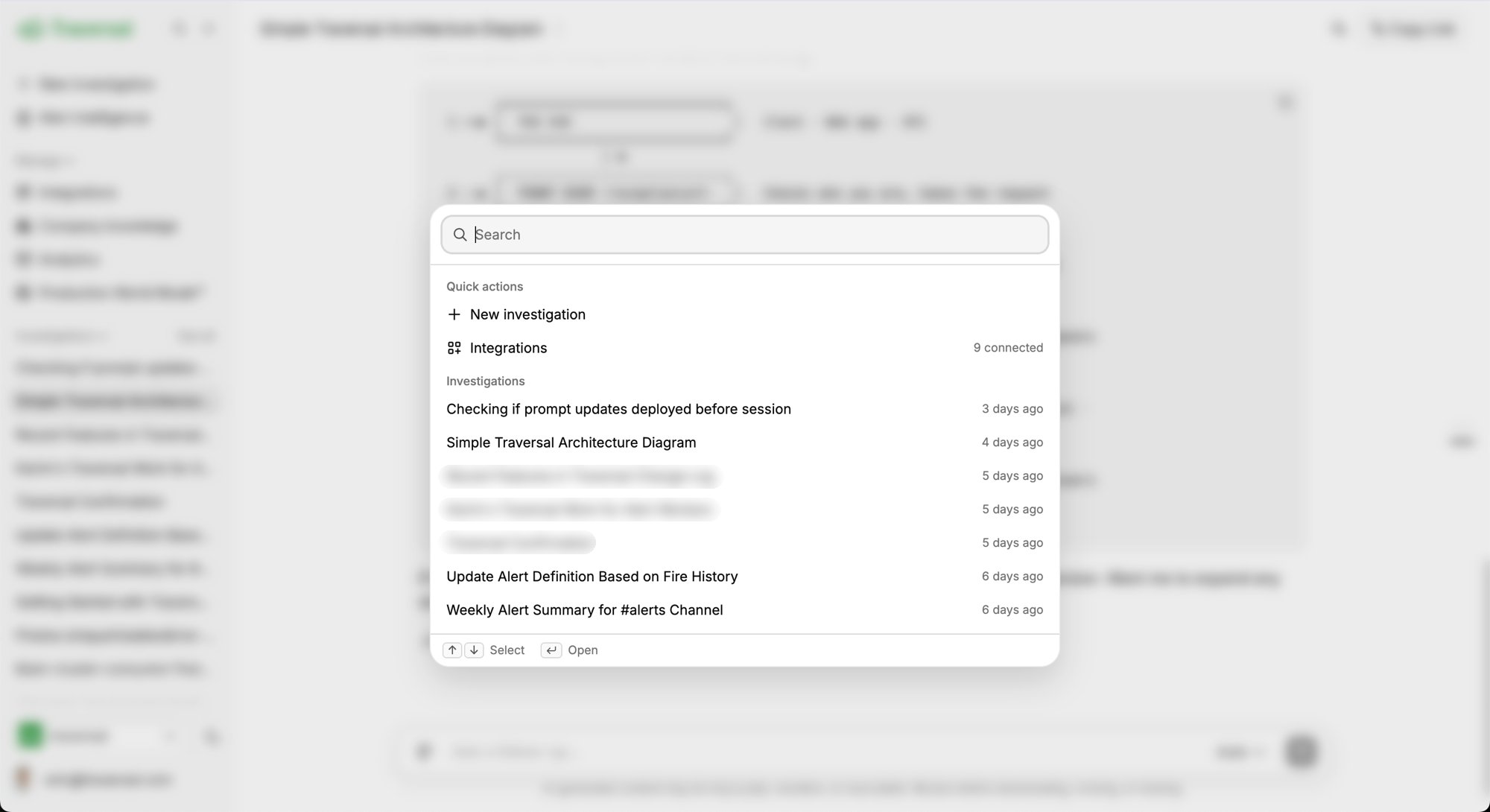 The ⌘K quick-search menu: New investigation, Integrations, and a searchable list of past investigations