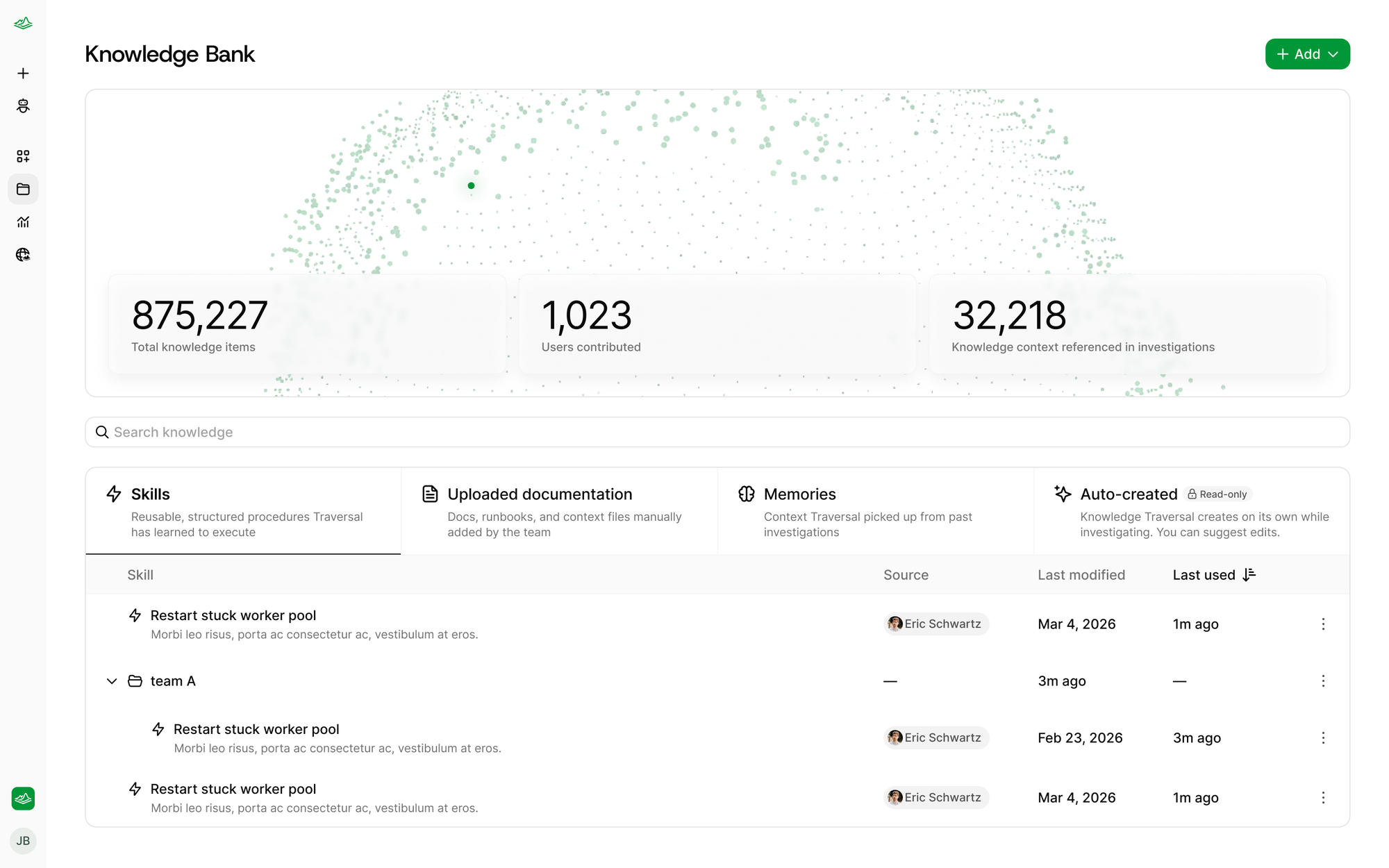 The new Knowledge Bank with summary metrics, search, and tabs for Skills, Uploaded documentation, Memories, and Auto-created