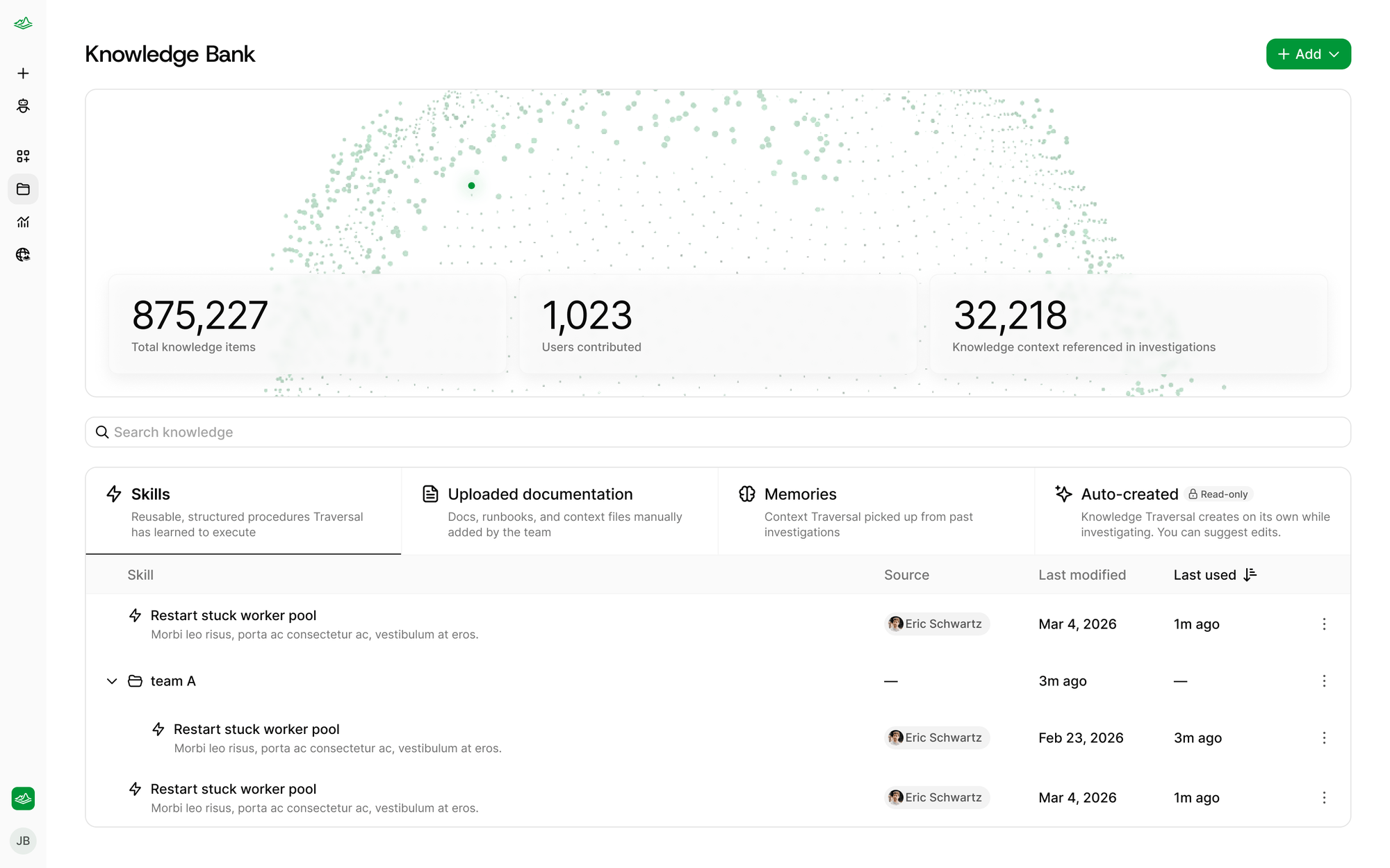 The new Knowledge Bank with summary metrics, search, and tabs for Skills, Uploaded documentation, Memories, and Auto-created