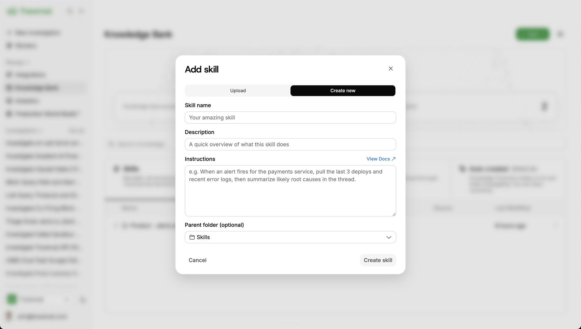 The Add skill dialog with fields for skill name, description, instructions, and an optional parent folder