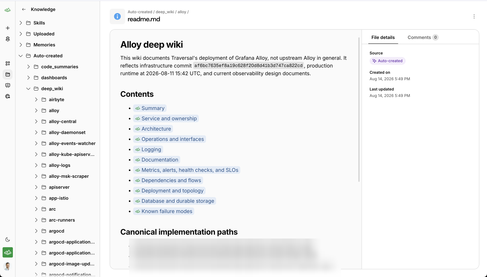 An Auto-created wiki page for a service, with a folder tree, generated documentation, and a File details panel