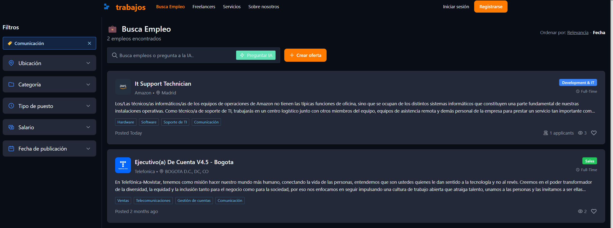 Busqueda de ofertas de empleo mediante filtros