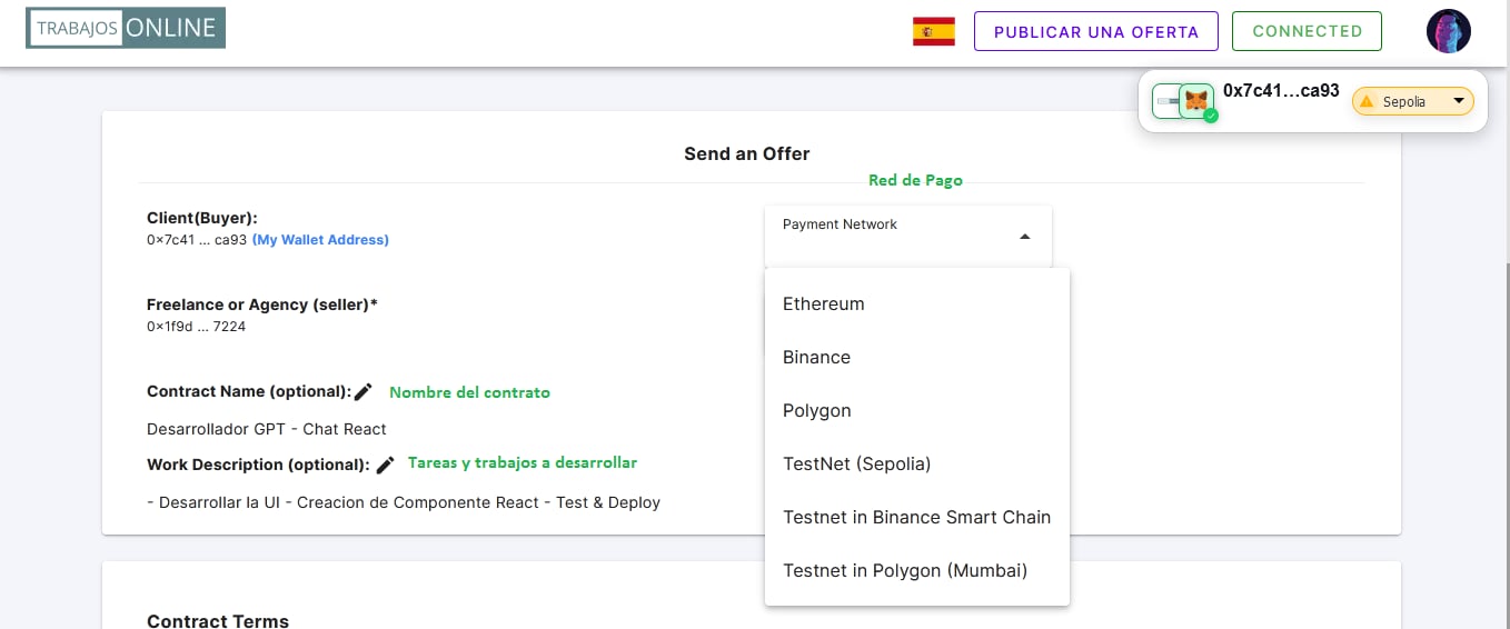 Plantilla para el envio de una oferta al Freelancer