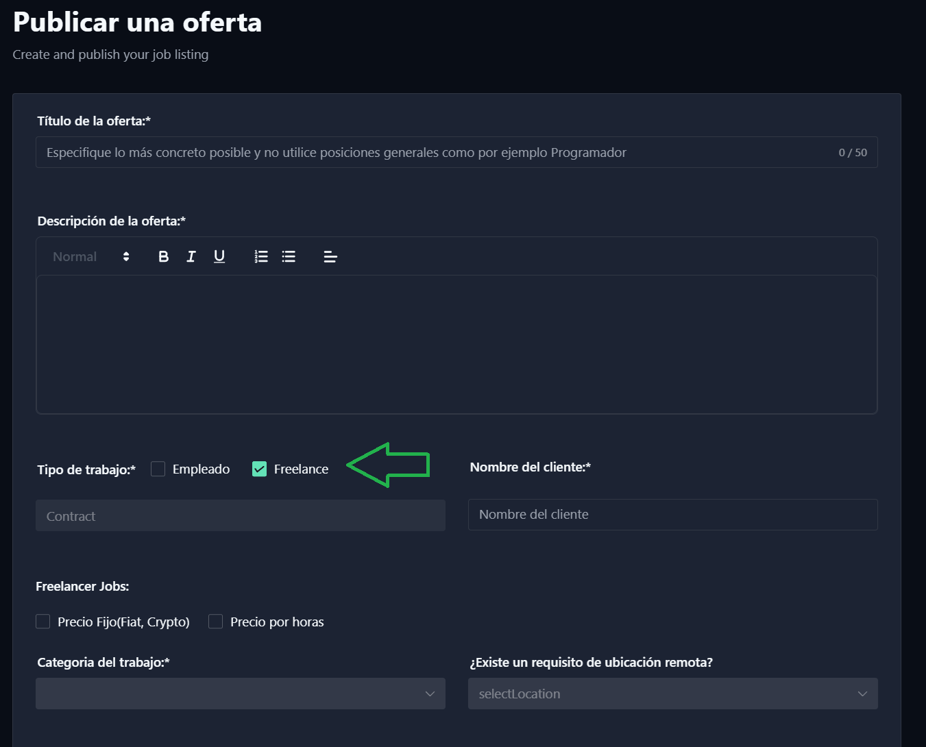 Especificar el tipo de trabajo asalariado o crypro