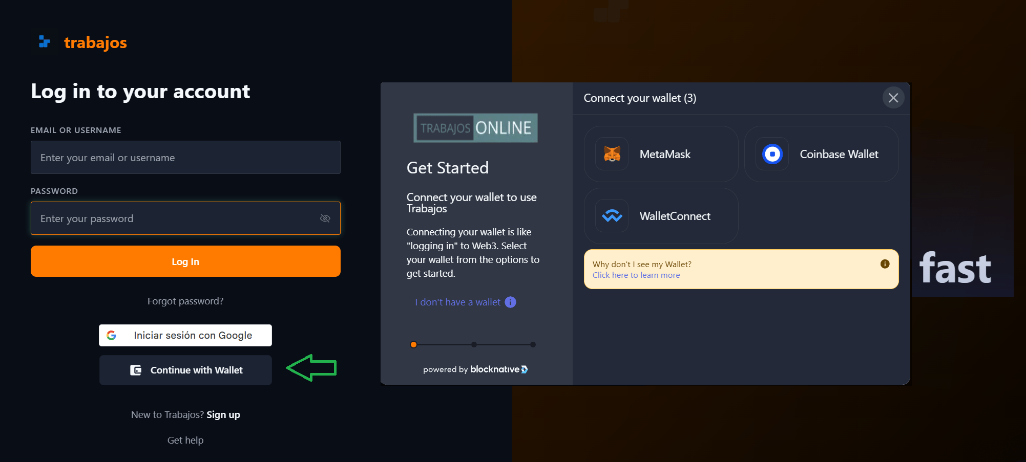 Registro con una wallet en la página de inicio