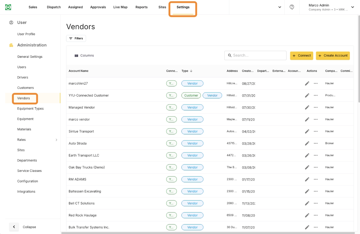 La página de Vendors en Settings con el botón Create Account