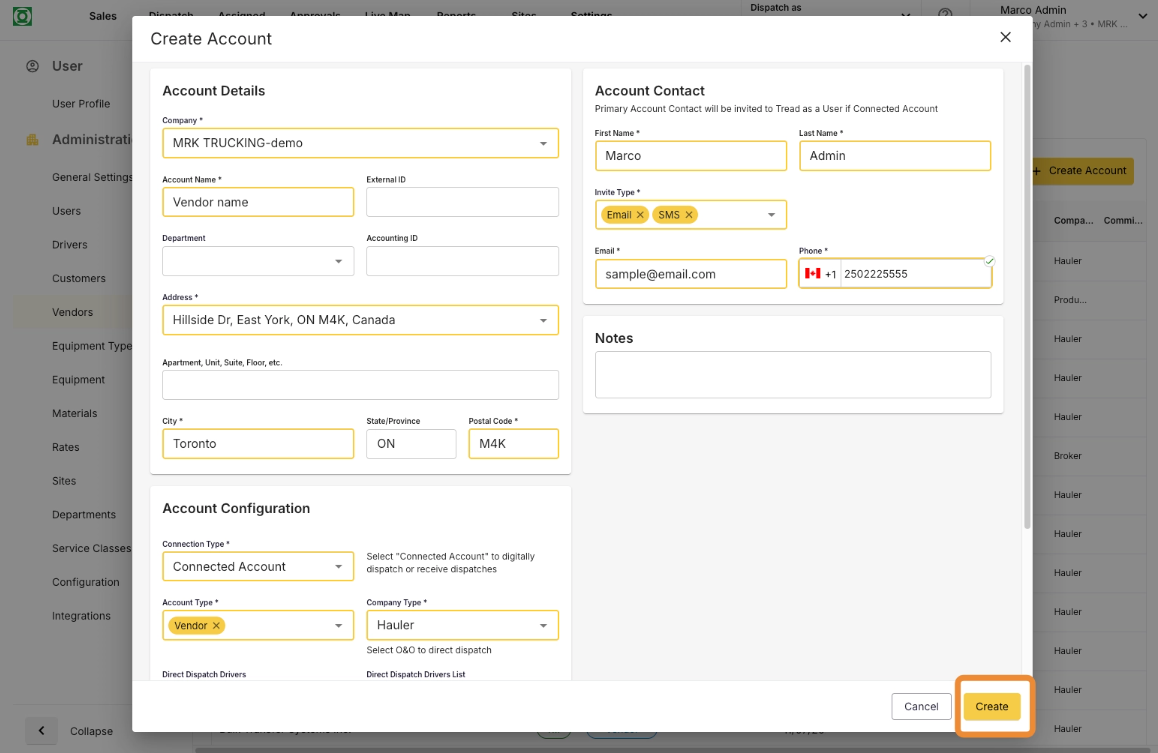 El formulario Create Account con los datos de la cuenta, Company Type, el contacto y el Invite Type, y el botón Create