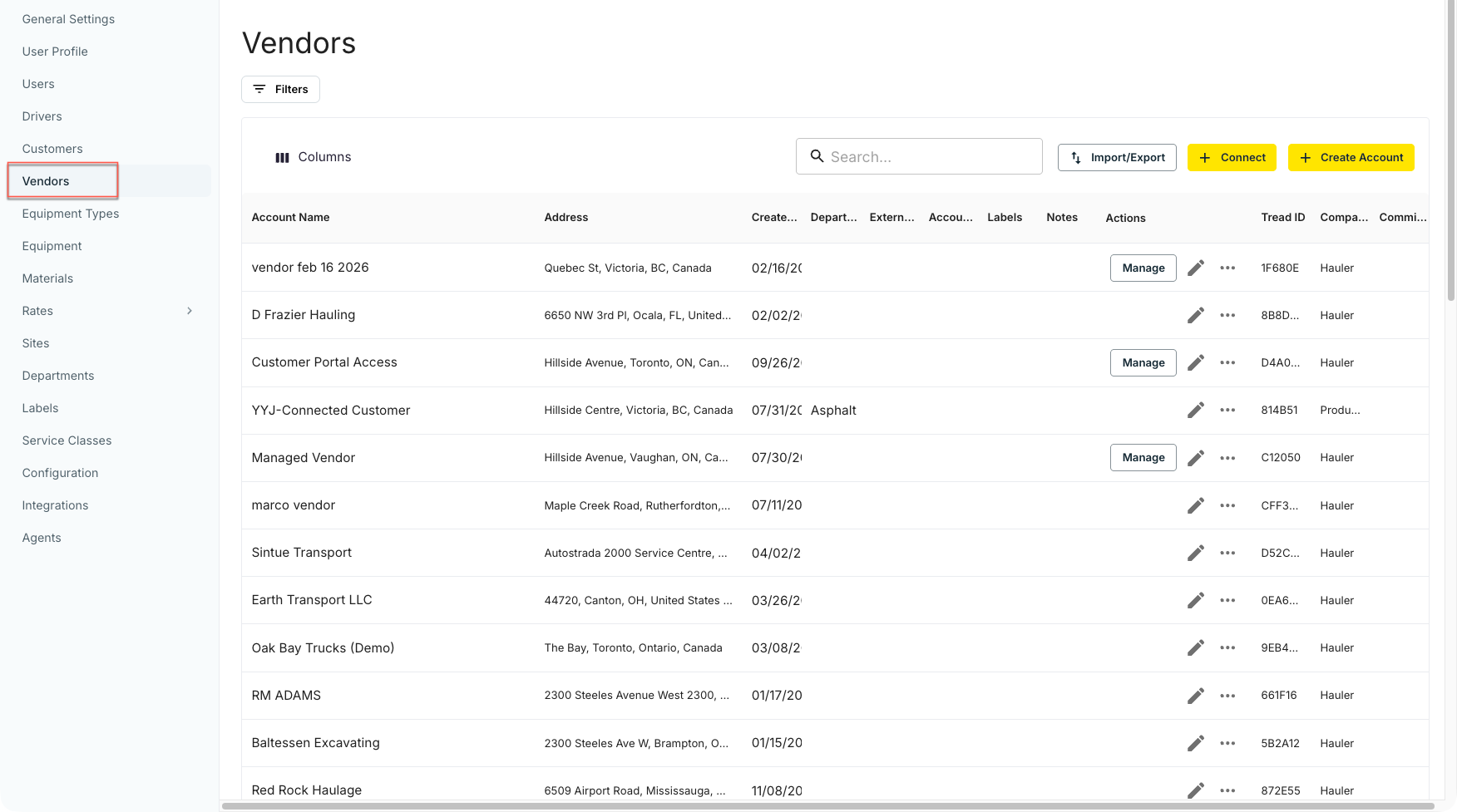 La cuenta del nuevo proveedor en la lista de Settings → Vendors