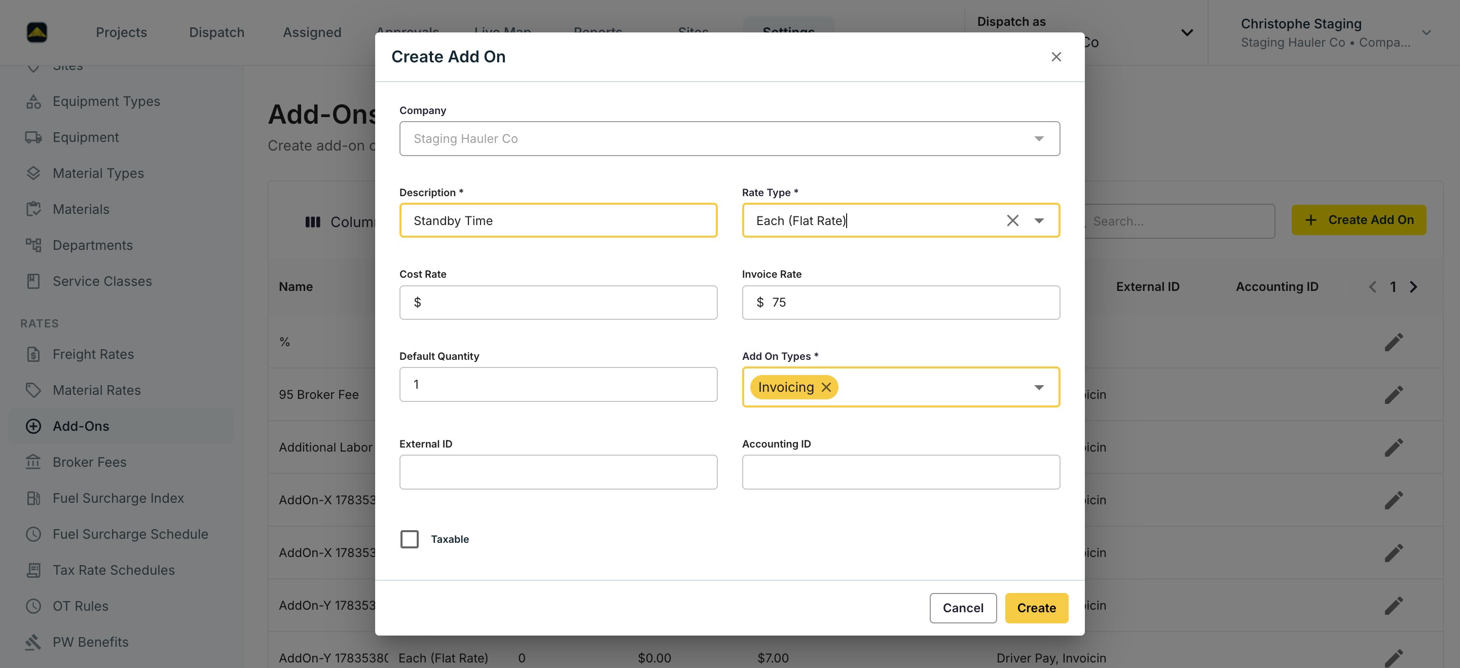 The Create Add On dialog with rate type, invoice rate, and add on types filled in