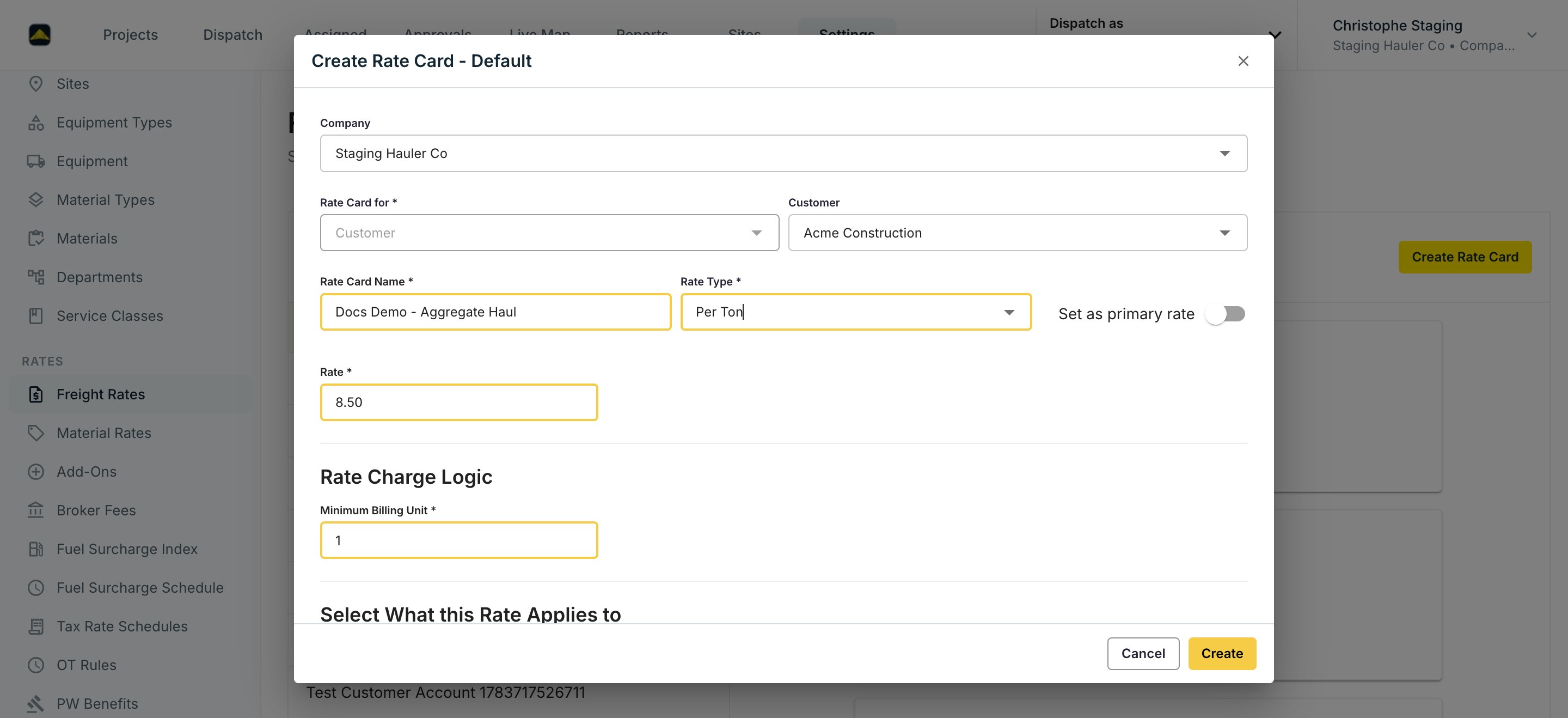 The Create Rate Card dialog with a customer, rate type, and rate filled in