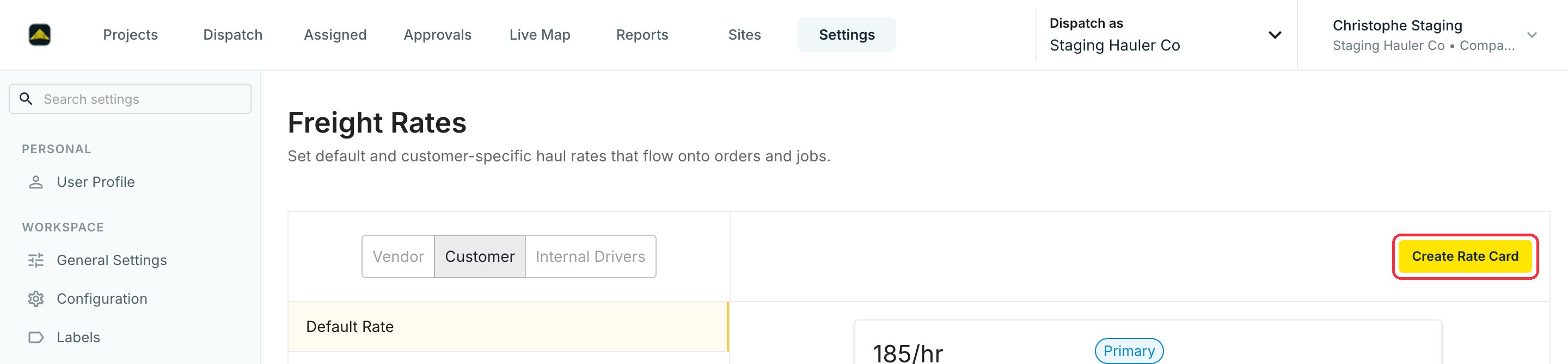 The Freight Rates page with the Create Rate Card button highlighted