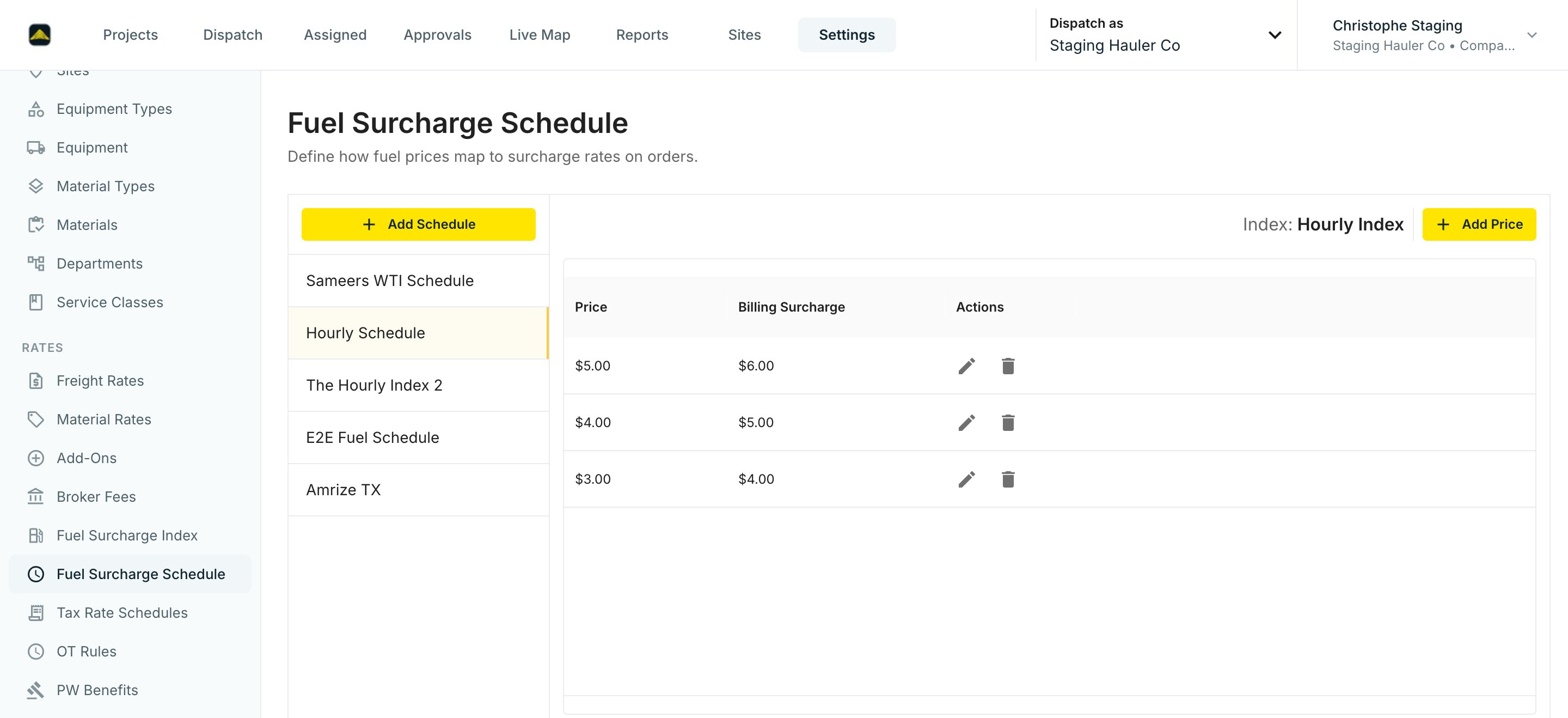 A Fuel Surcharge Schedule mapping fuel prices to billing surcharge amounts