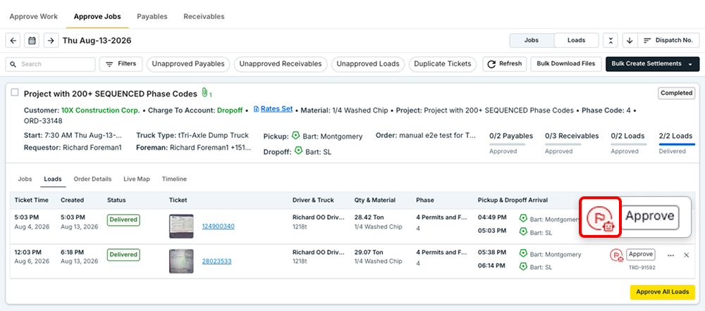 A flagged ticket on the Approve Jobs page, with the AI review icon next to the Approve button
