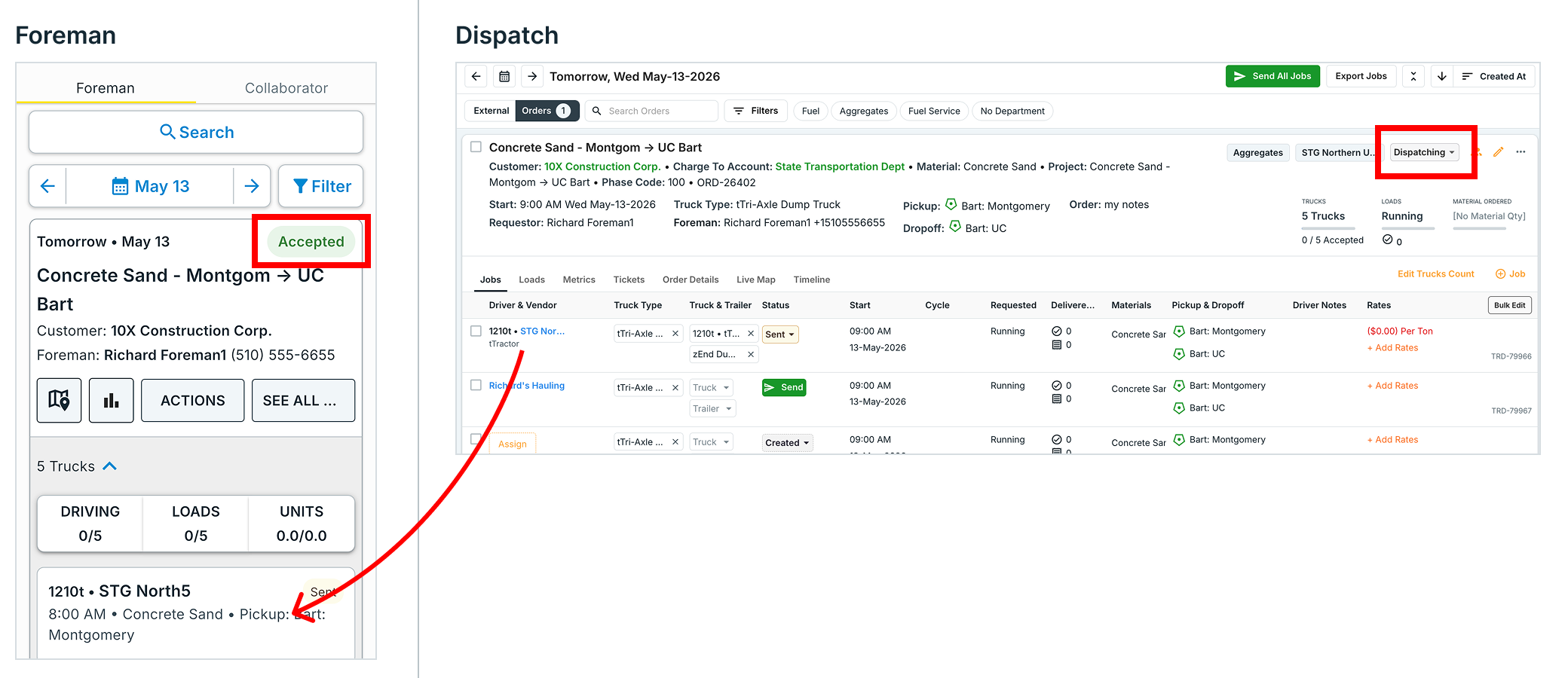 An accepted order showing assigned drivers