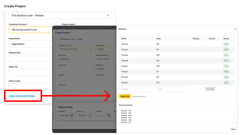Configuración del proyecto con el panel Bulk Add Phases y las columnas de nombre y código