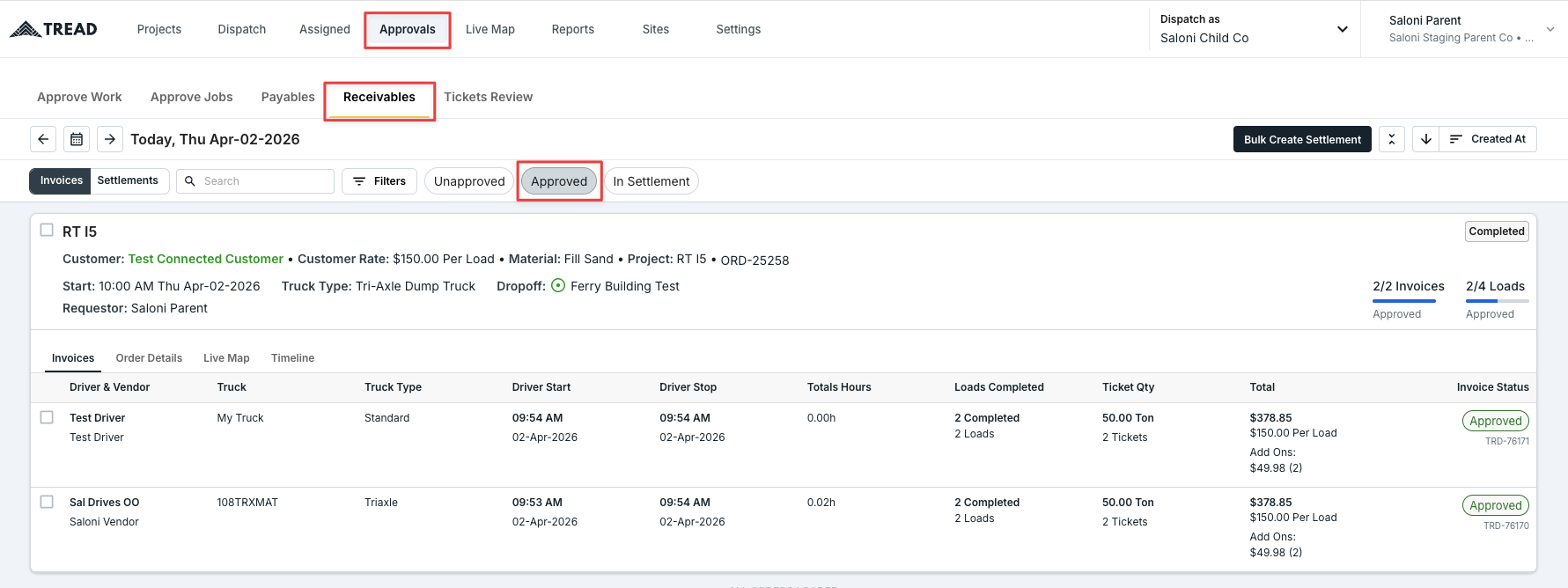 Receivables tab filtered to Approved