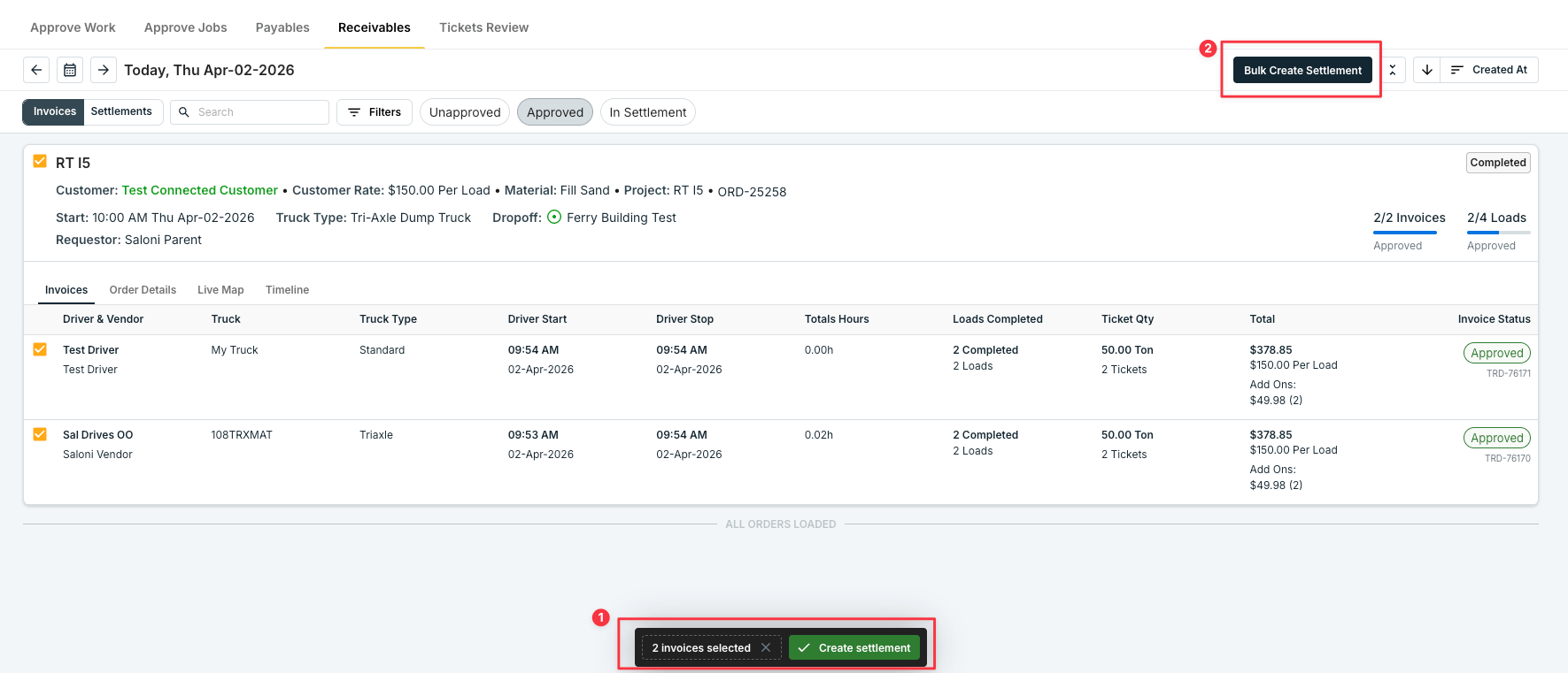 Selecting invoices and Bulk Create Settlement