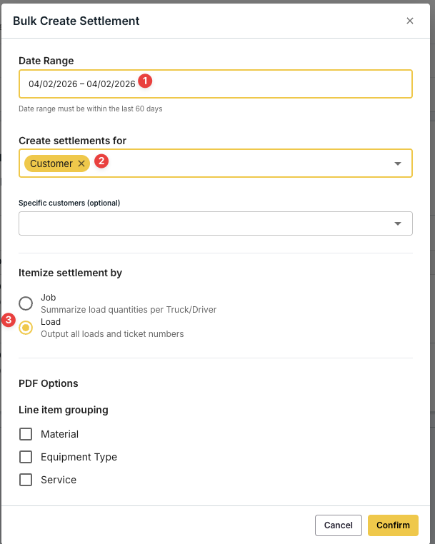 Bulk Create Settlement dialog