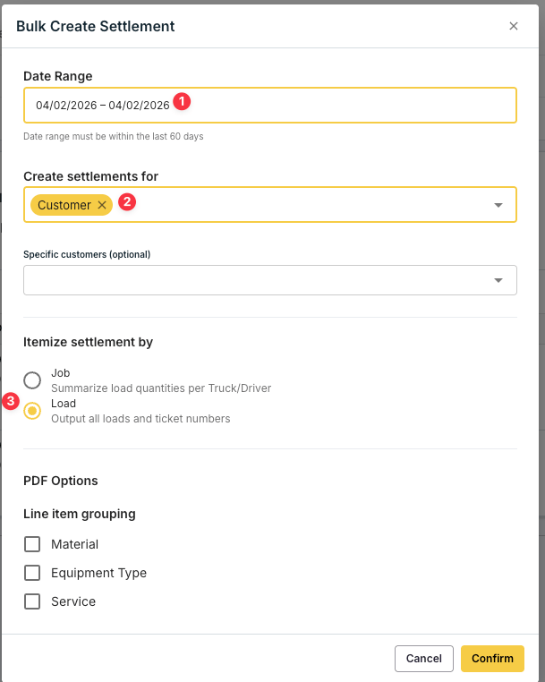 Bulk Create Settlement dialog