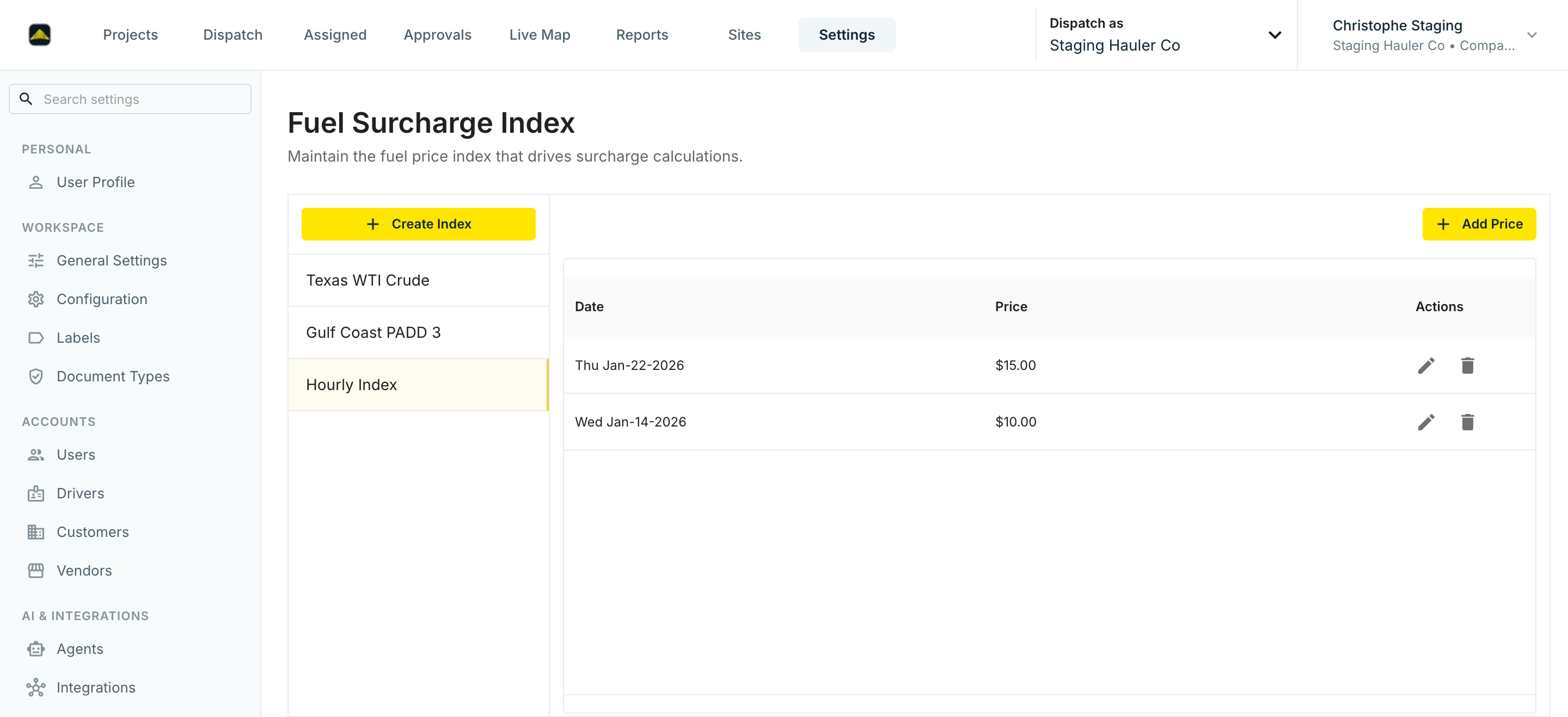 La página Fuel Surcharge Index con un índice seleccionado y precios con fecha