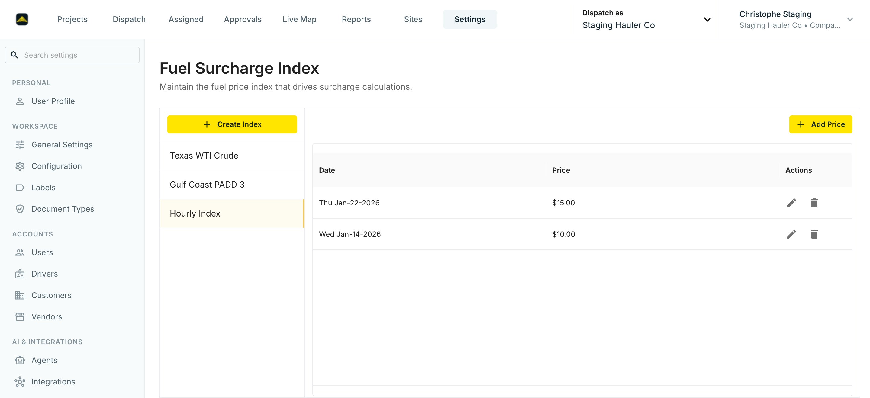 La página Fuel Surcharge Index con un índice seleccionado y precios con fecha