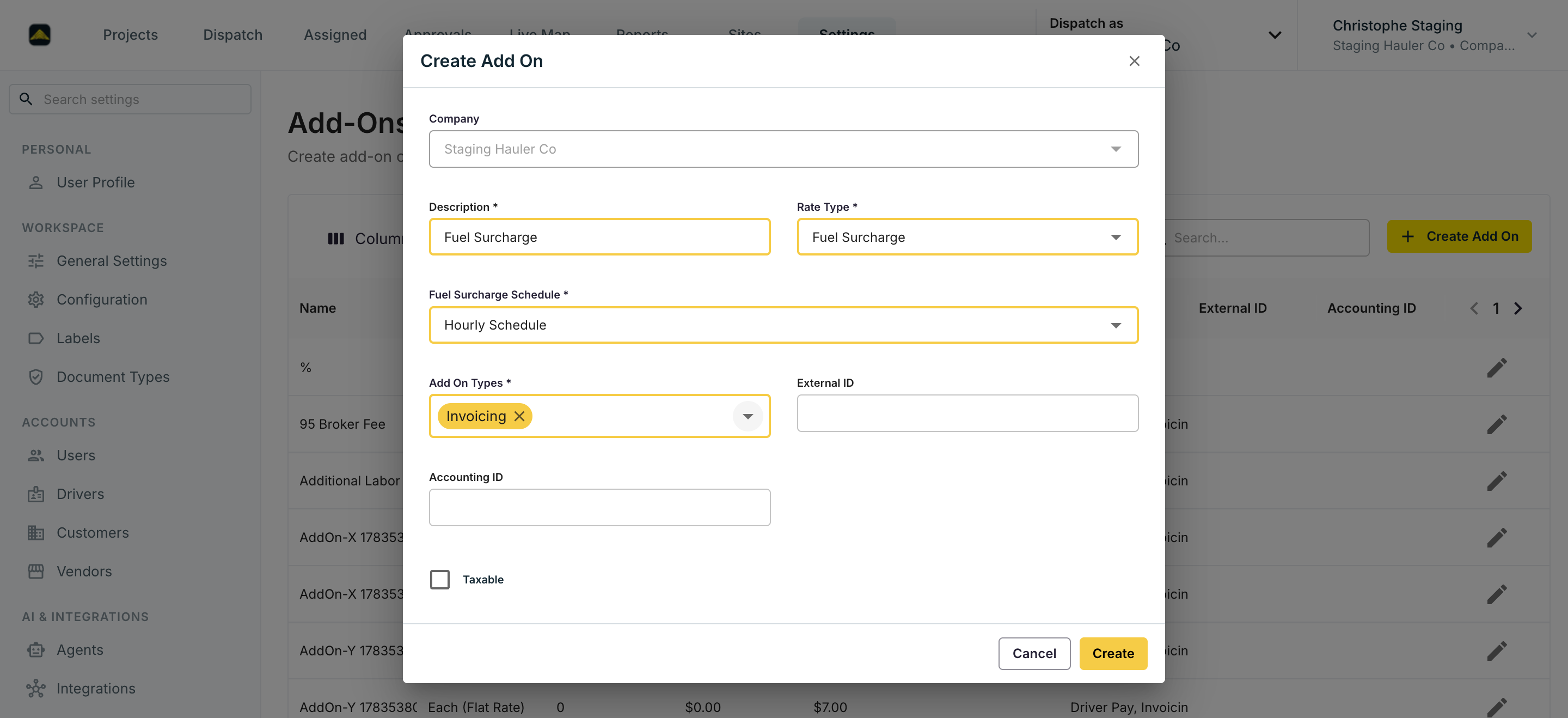 El diálogo Create Add On con Rate Type Fuel Surcharge y un Fuel Surcharge Schedule seleccionado