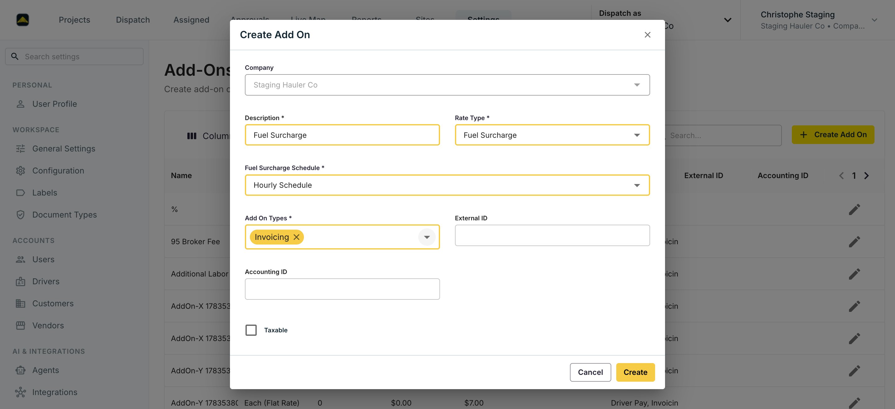El diálogo Create Add On con Rate Type Fuel Surcharge y un Fuel Surcharge Schedule seleccionado