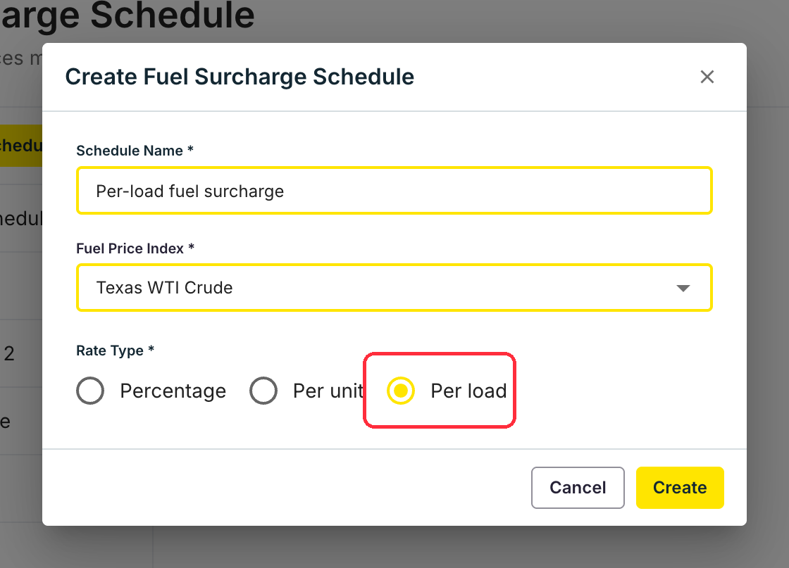 El diálogo Create Fuel Surcharge Schedule con el tipo de tarifa Per load seleccionado