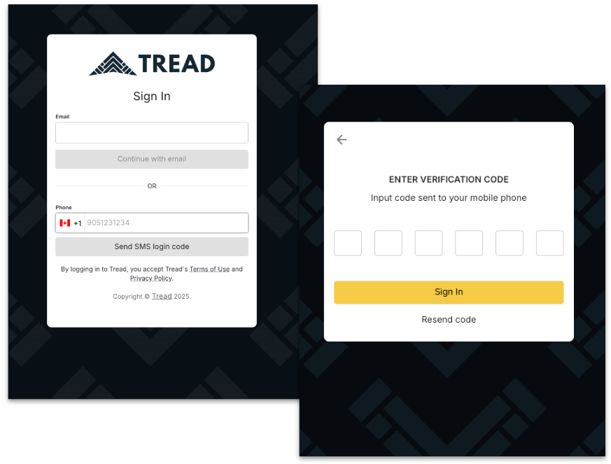 La pantalla de inicio de sesión de Tread con las opciones de correo y teléfono, y la pantalla del código de verificación