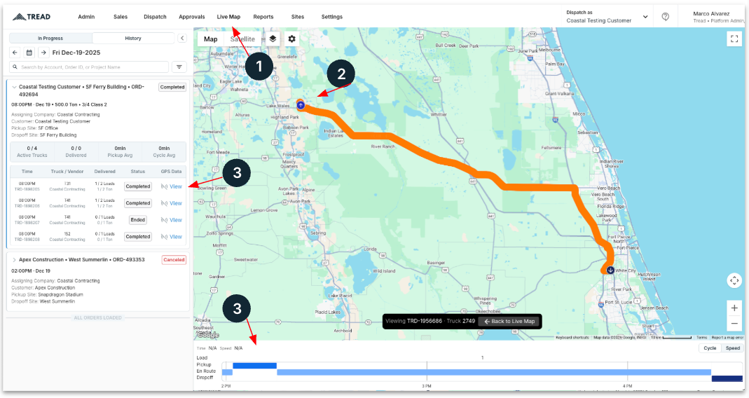 El Live Map con la ruta de un camión activo, y el enlace de datos GPS de un trabajo en el panel izquierdo