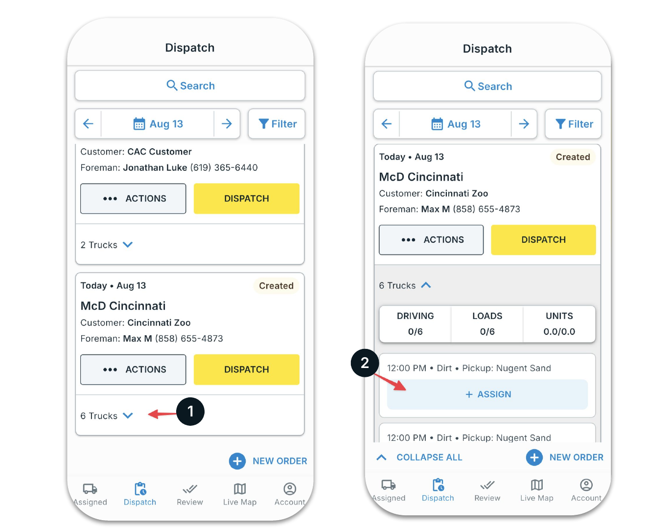 Expanding an order's truck list and tapping Assign