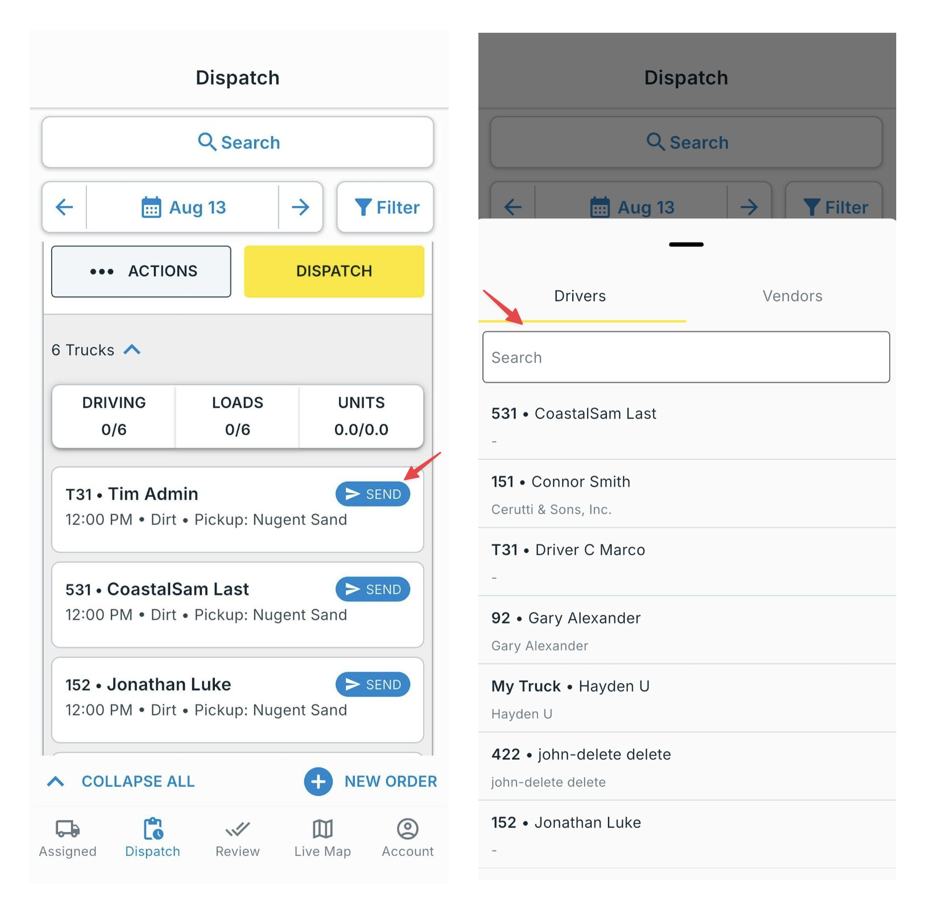 Selecting a driver and sending the assignment