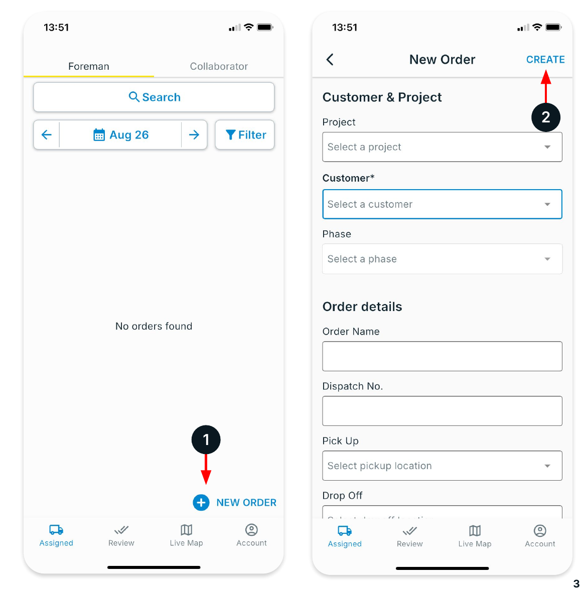 Creating a new order in the Foreman App