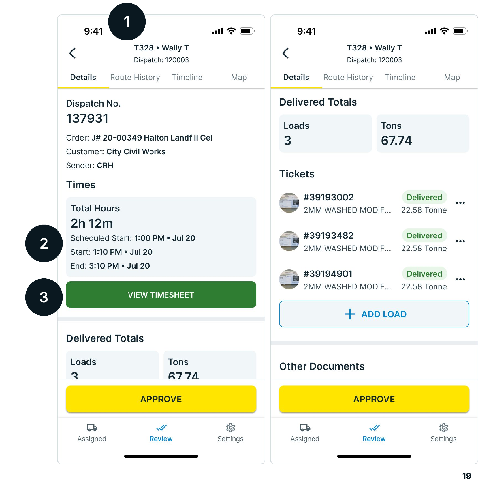 A job's Review & Confirm detail with times, timesheet, tickets, and Approve