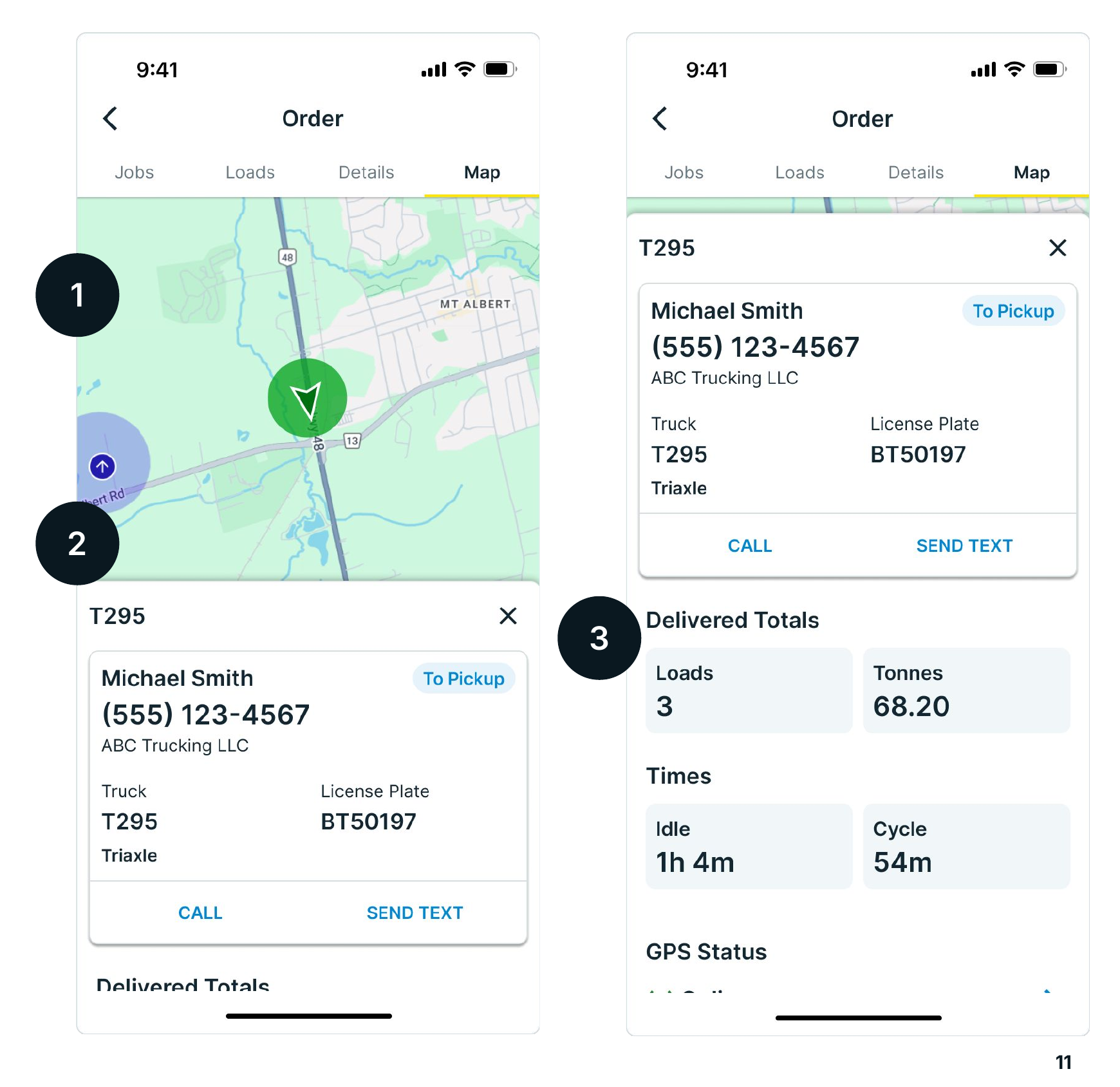 Tapping a truck on the order map opens driver contact and performance details