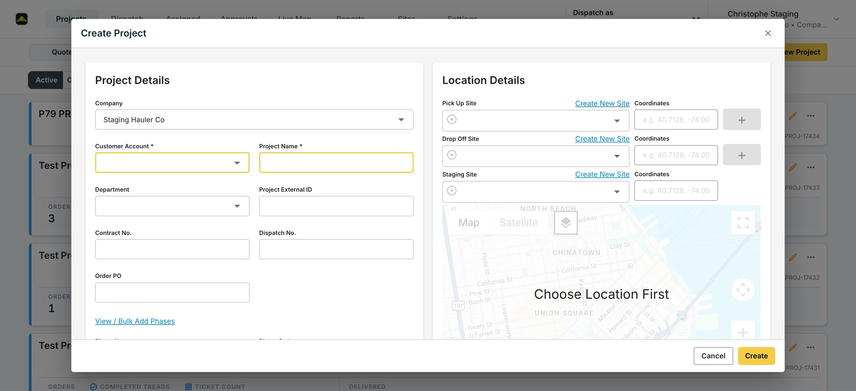 The New Quote project form