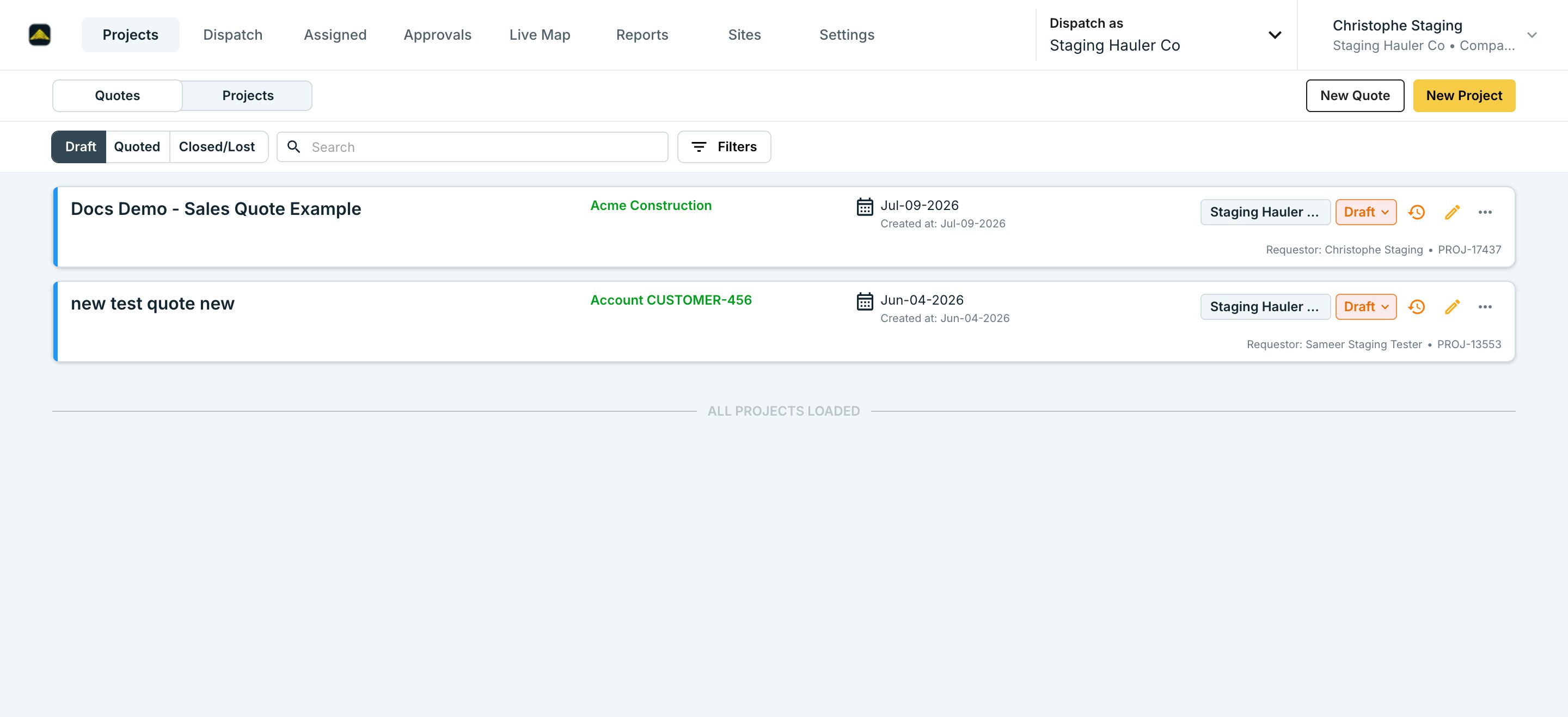 The Quotes tab on the Projects page, showing Draft, Quoted, and Closed/Lost sub-tabs