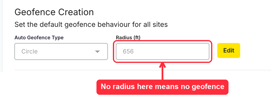 El ajuste Geofence Creation con Auto Geofence Type en Circle y el campo Radius resaltado