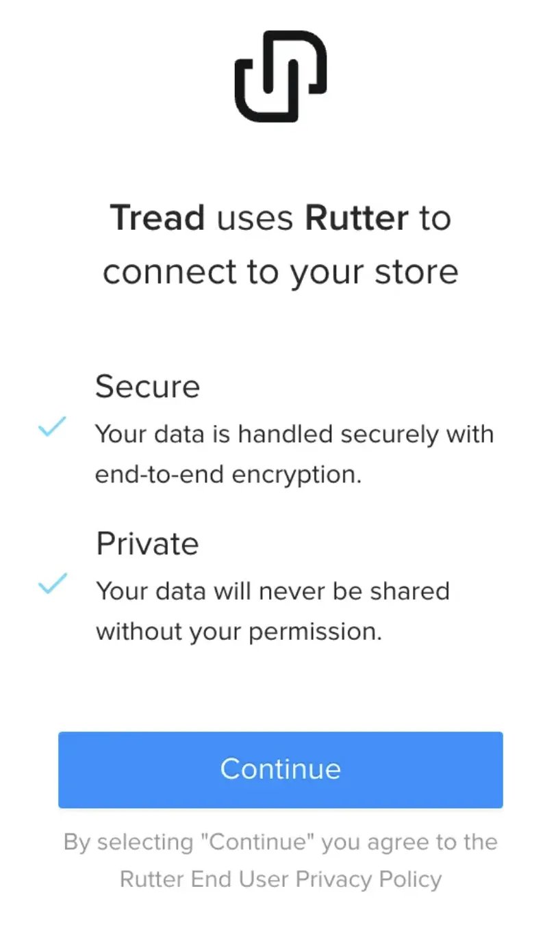 Rutter connection pop-up titled Connect with Tread, with a Continue button